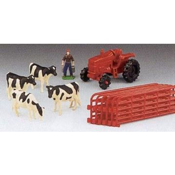 Figures -  - Holstein cattle set, with red tractor and red fence - 1/64