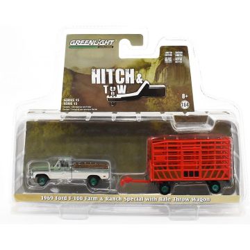 Ford - Set - F-100 1969 pickup, red bale throw wagon, chaser - 1/64
