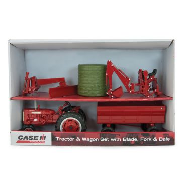 IH - Set - 230 NF, backhoe, rear blade, flare box wagon & round bale - 1/16