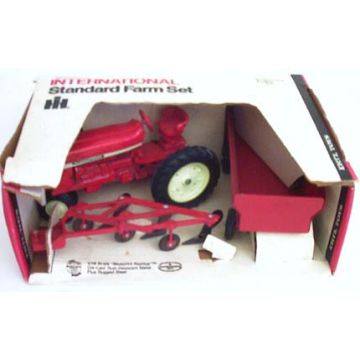 IH - Set - 544, flare box wagon, and 3 bottom plow, white rims. - 1/16