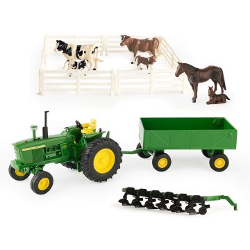 JD - Set - 4020 WF no cab, plow, barge wagon, animals & fencing - 1/32