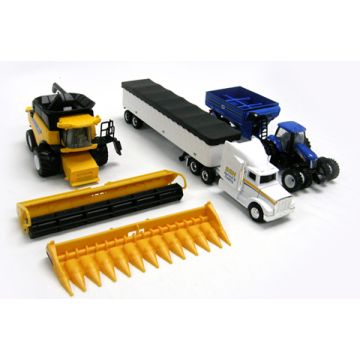 NH - Set - Tractor, Combine, Grain Cart, Semi Harvesting Set - 1/64