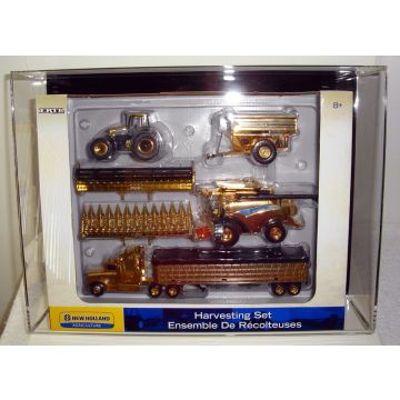 NH - Set - Tractor, Combine, Grain Cart, Semi Harvesting Set 2008 Expo Gold - 1/64