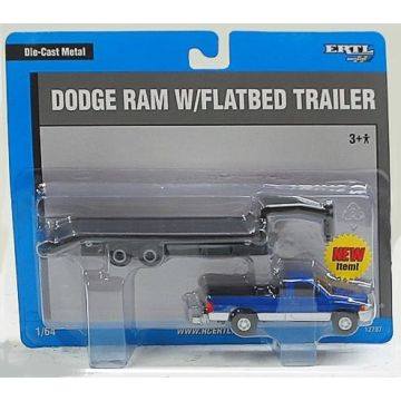 UB - Truck - Dodge Ram pickup, blue, with flatbed trailer, black, card is blue, grey, silver - 1/64