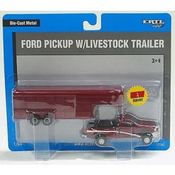 UB - Truck - Ford pickup with livestock trailer, red, card is blue, grey, silver - 1/64