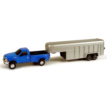 UB - Truck - Ford F-350, blue with livestock trailer, silver, card is blue, grey, silver - 1/64
