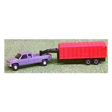 UB - Truck - GMC Gray Dually Pickup With Red Gooseneck Grain Trailer - 1/64