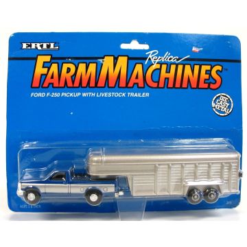 UB -  - Ford F-250 pickup dark blue & silver, silver livestock trailer - 1/64